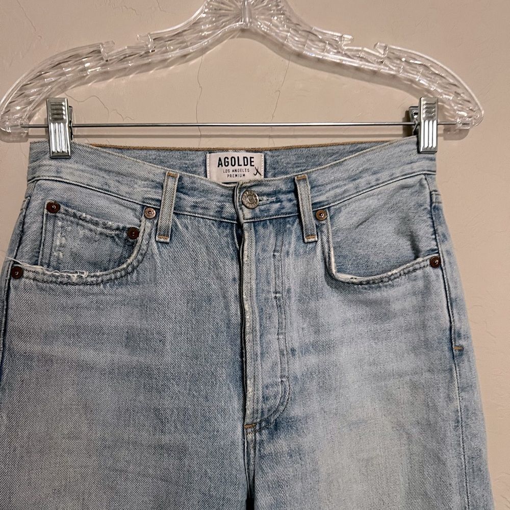 Agolde Riley Revolve High Rise Button Fly Straight Distressed Crop Denim Jeans - Picture 6 of 16